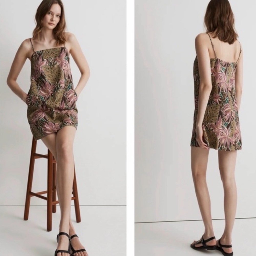 Madewell Pink and Olive Tropical Slip Mini Dress